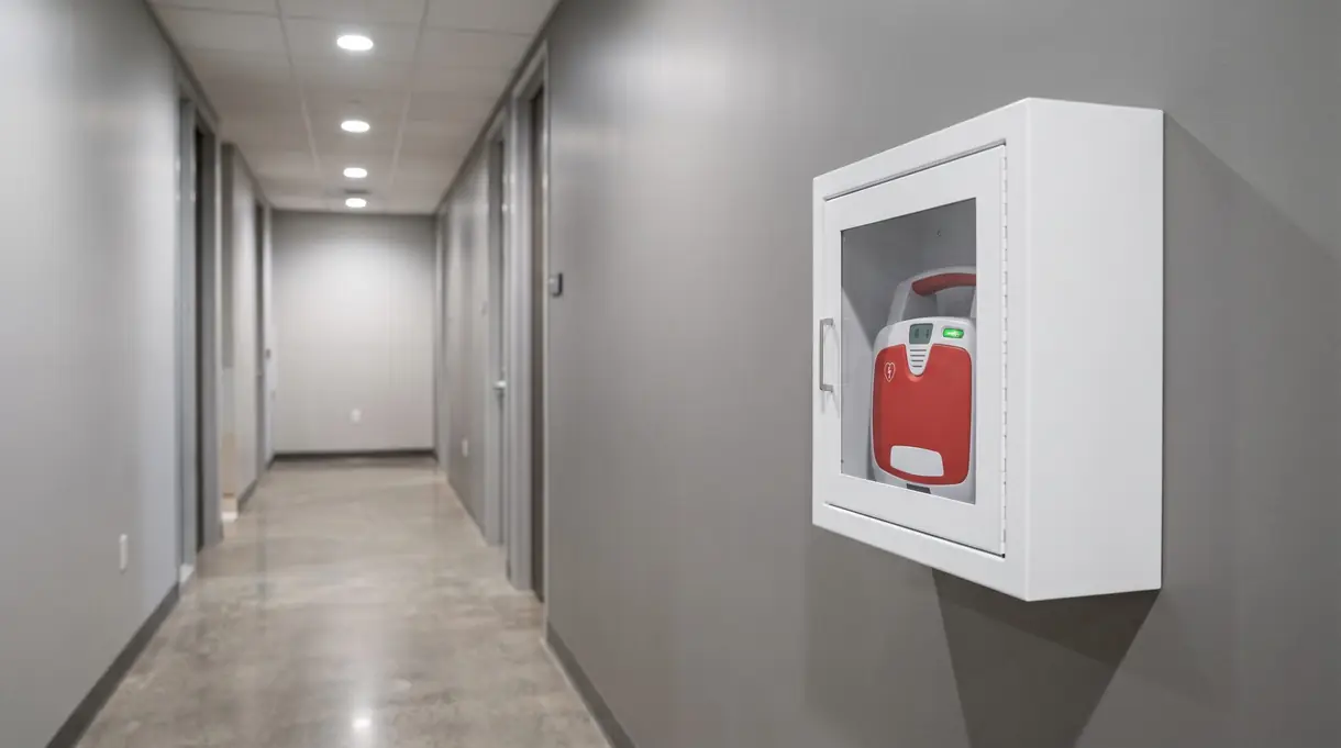 AED in a white wall-mounted cabinet in an office hallway