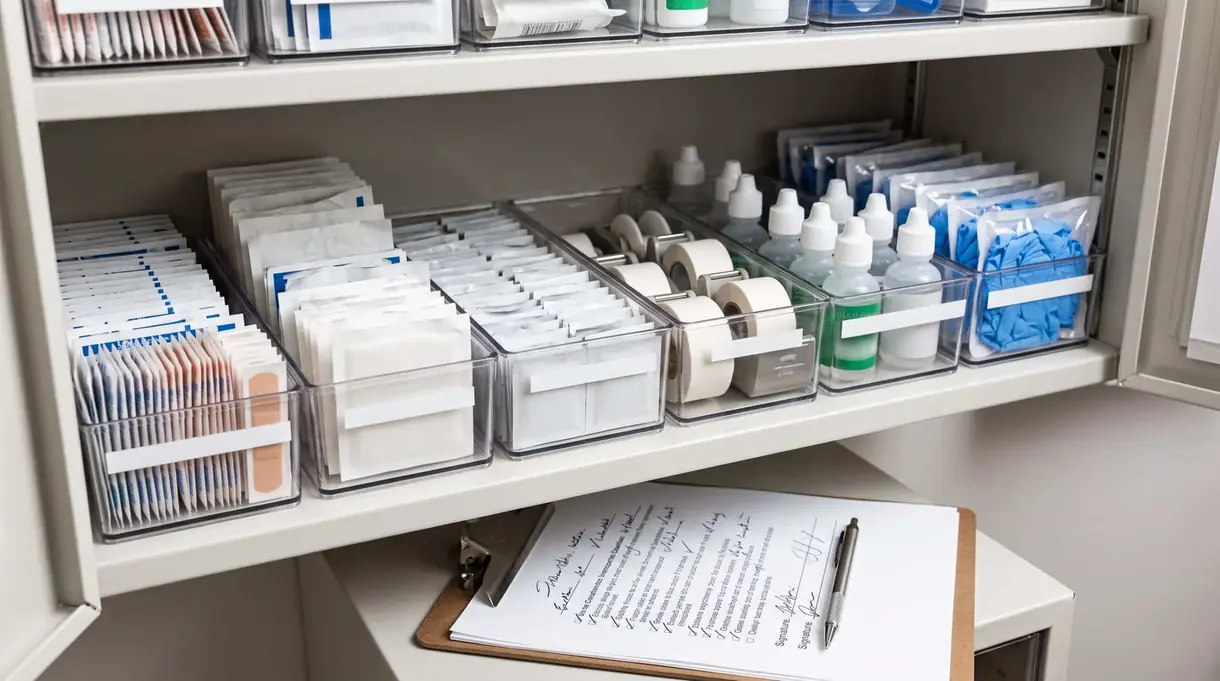 First aid cabinet stocked with bandages, tape, gloves and eyewash bottles above a signed checklist