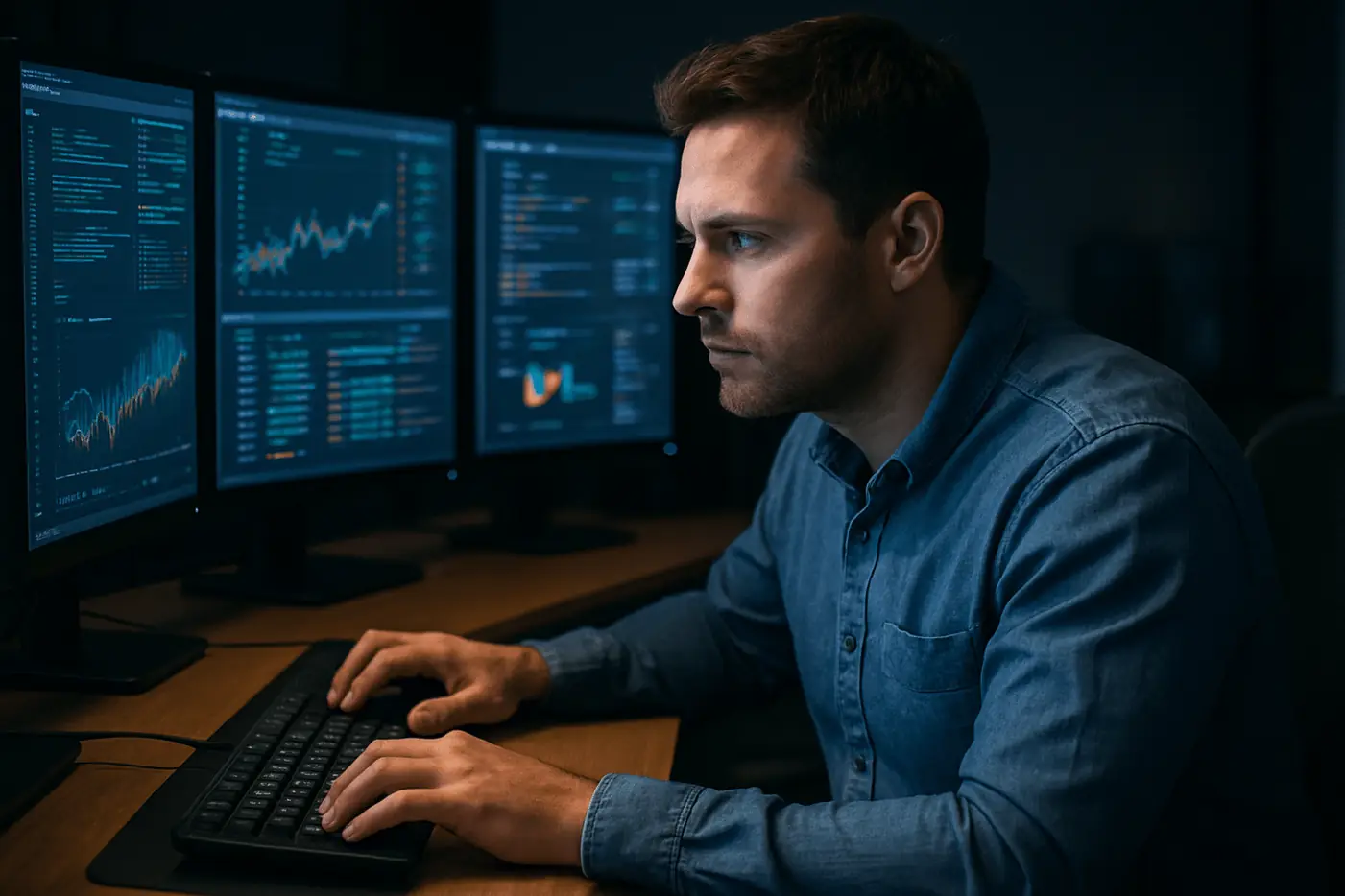 a man intently working at a computer station in a dimly lit environment