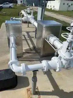 Backflow preventer assembly with white piping and aluminum enclosures