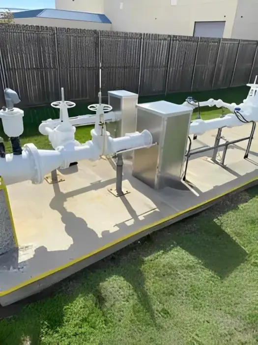 White backflow preventers and aluminum enclosures on a concrete pad