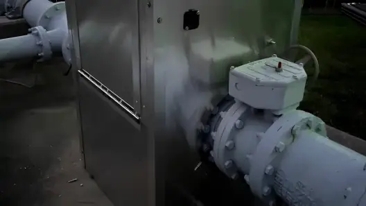 Close-up of a valve beside an aluminum backflow enclosure