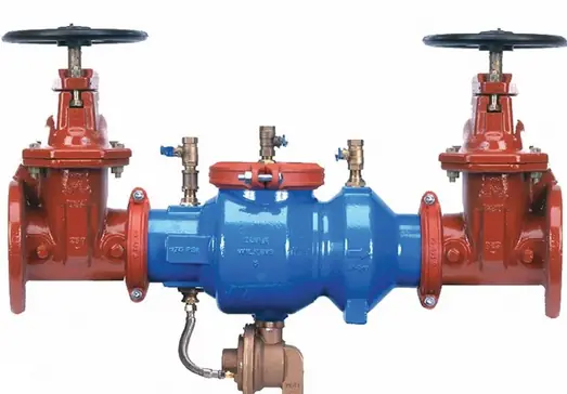 Backflow preventer assembly with a blue body and red gate valves