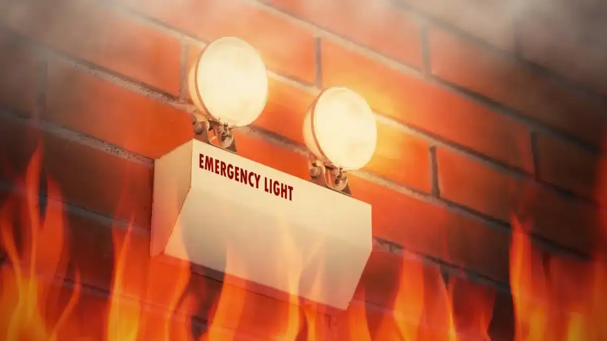 Emergency light with two lamps on a brick wall, flames rising below