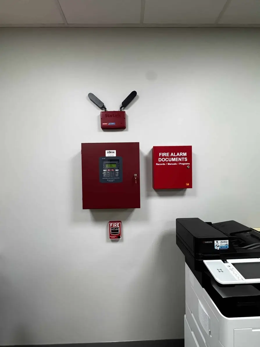 Fire alarm panel in an office building