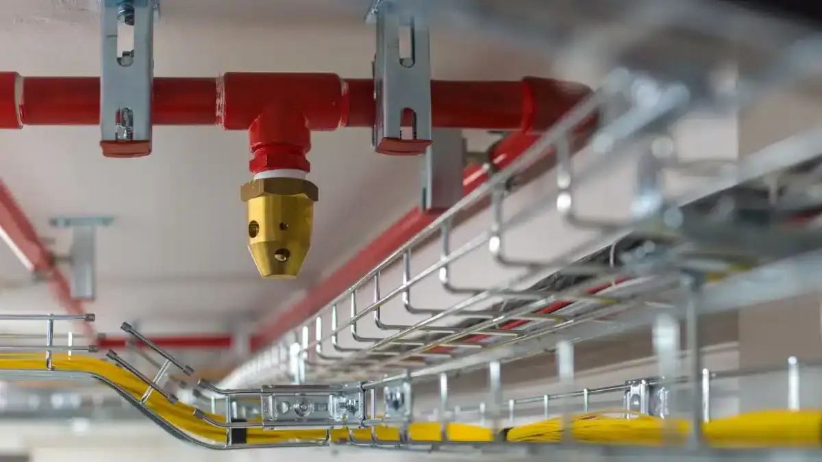 Brass fire sprinkler head on a red sprinkler pipe near ceiling cable trays