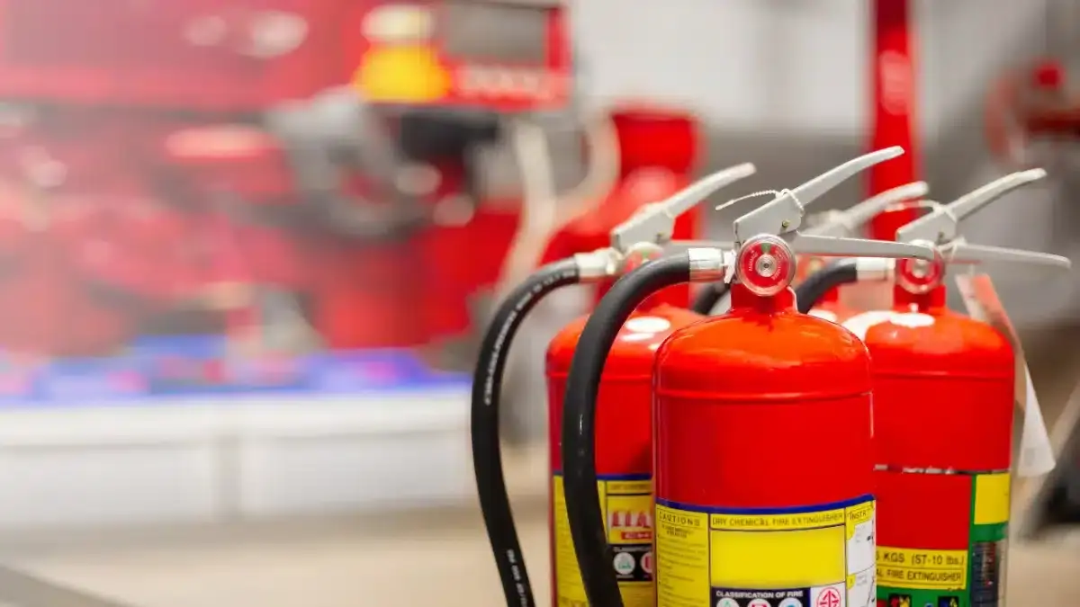 Row of red dry chemical fire extinguishers