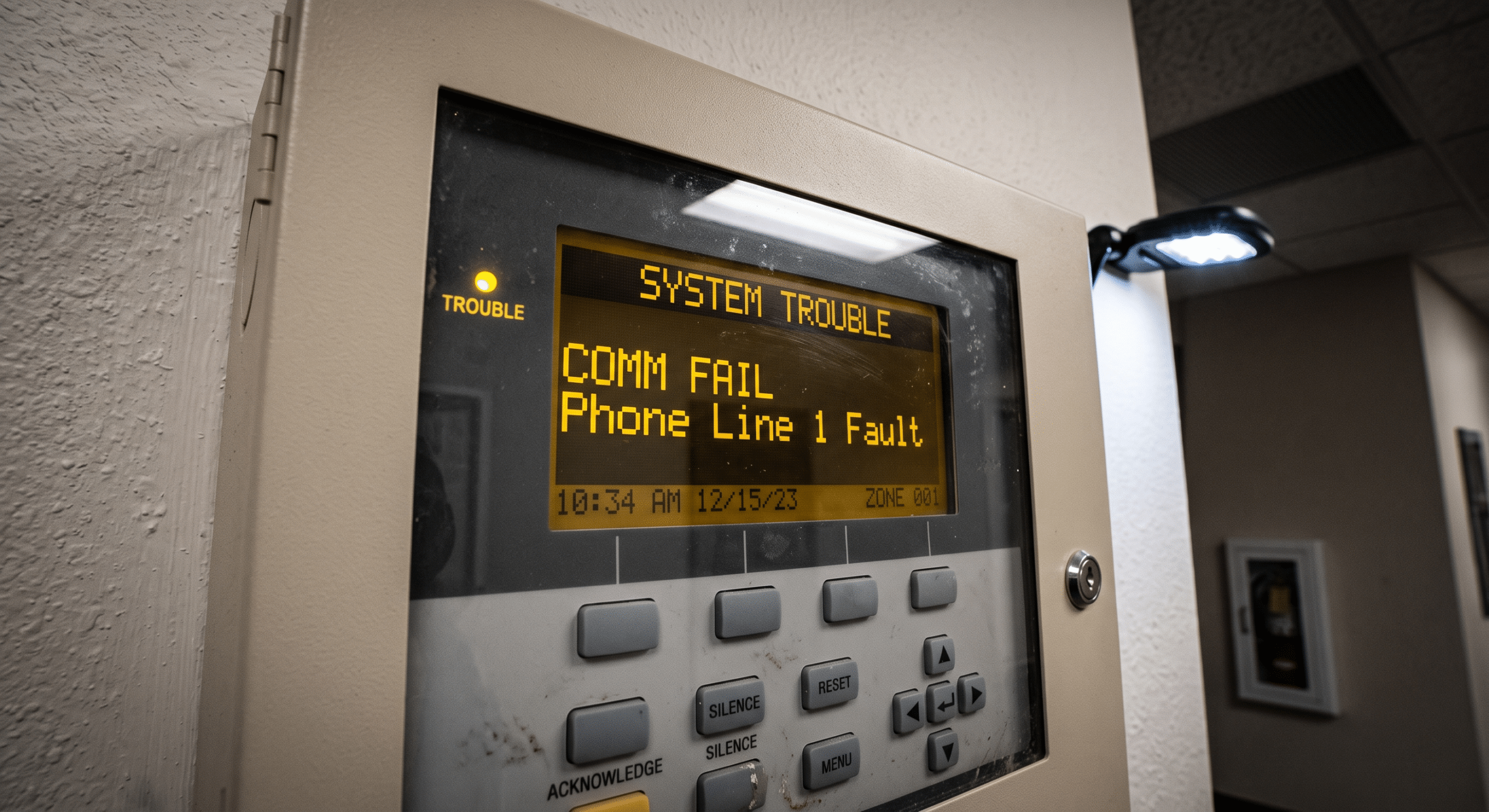 Commercial fire alarm panel displaying a Comm Fail trouble message due to a failed POTS phone line